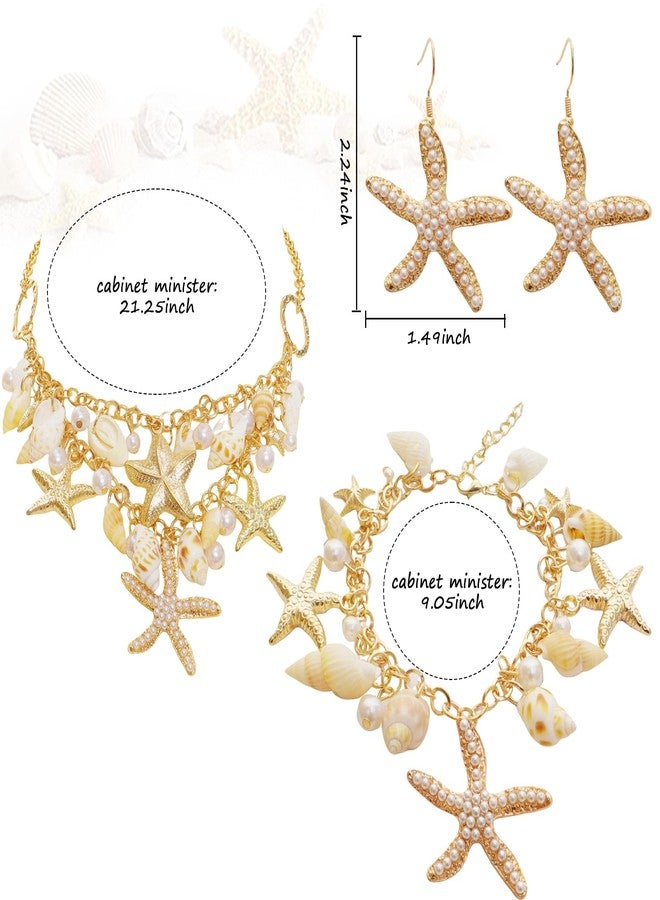 Sdfvsdg Boho Shell Starfish Jewelry Set Shell Necklace Chokers Mermaid Sea Shells Starfish Pearl Chunky Necklace Bracelet Earrings for Women - Image 2